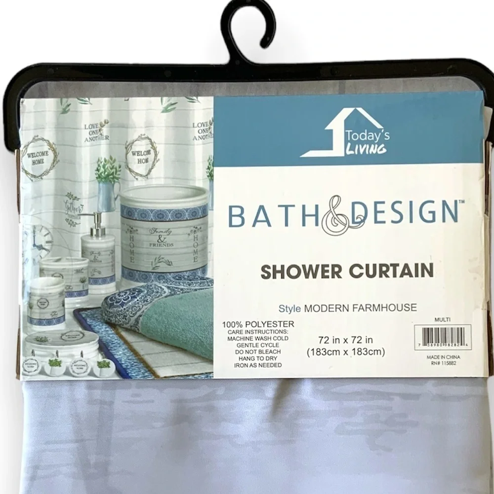 Modern Farmhouse Fabric Shower Curtain White Blue Multicolor 72 in X 72 in